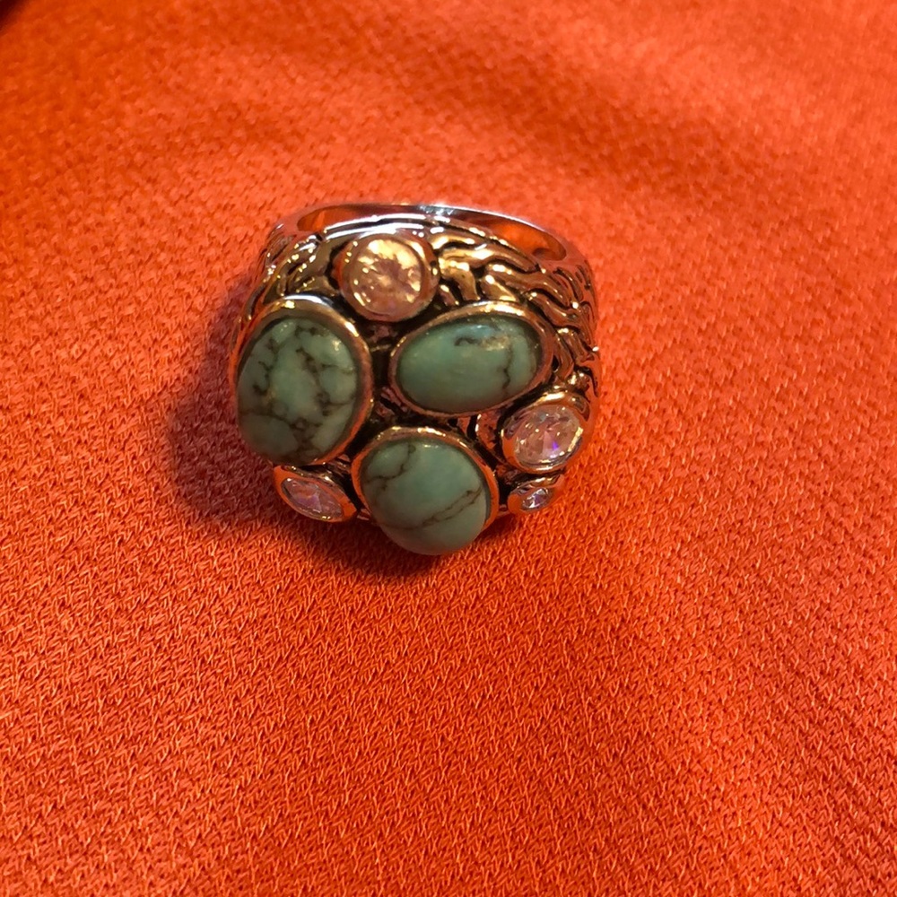 Turquoise and cubic zirconia silver fashion ring